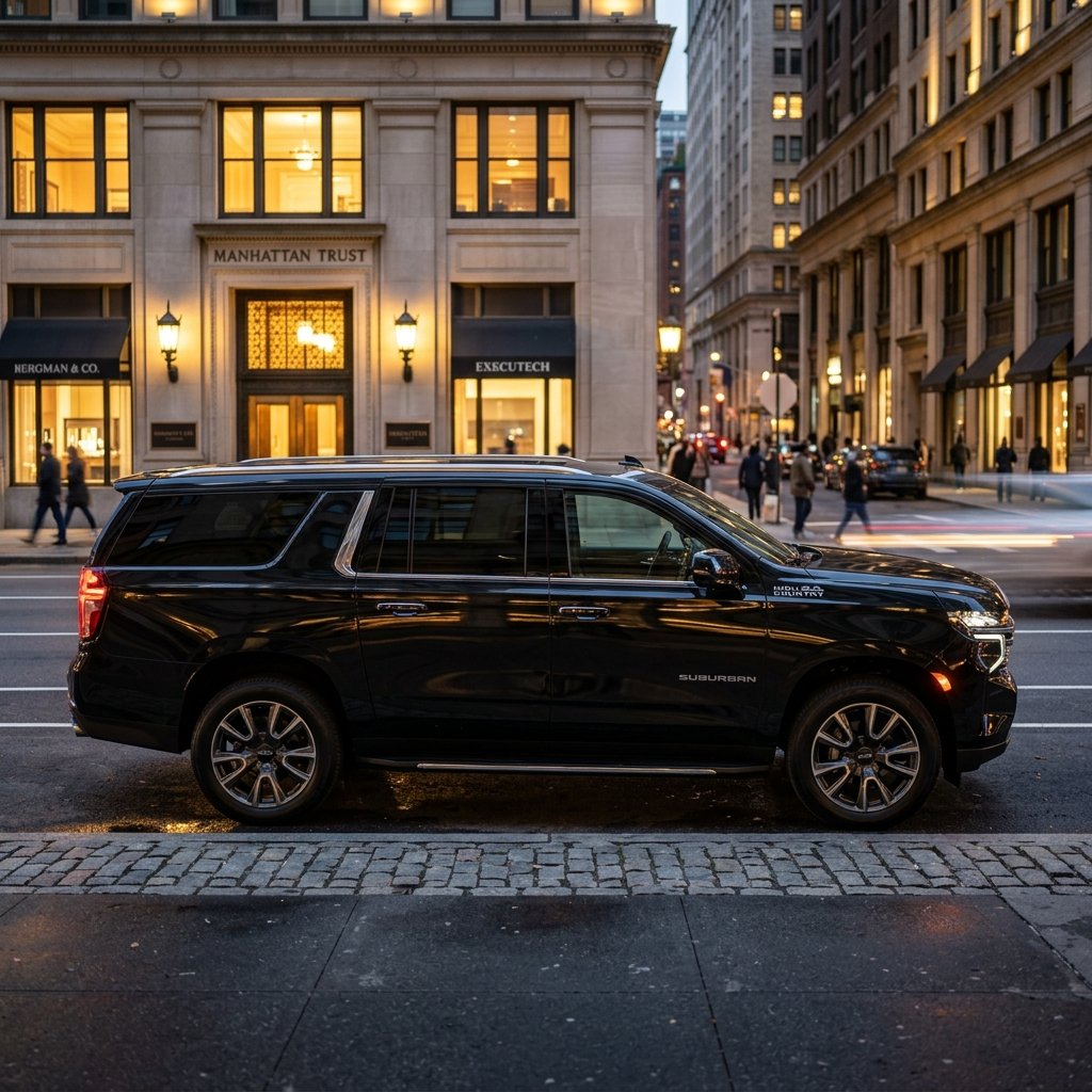 Clean black Suburban SUV parked at terminal drop-off area