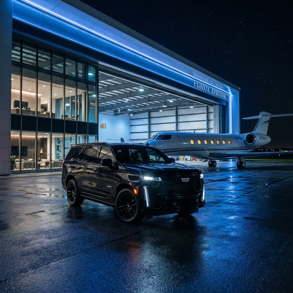 Royal Elite luxury SUV line parked on tarmac near jet hangar